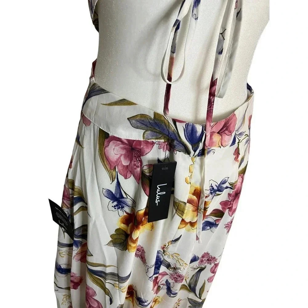 NWT Lulus Blossoming Hours Ivory Floral Keyhole Backless Halter Maxi Dress-sz Me - Picture 9 of 11